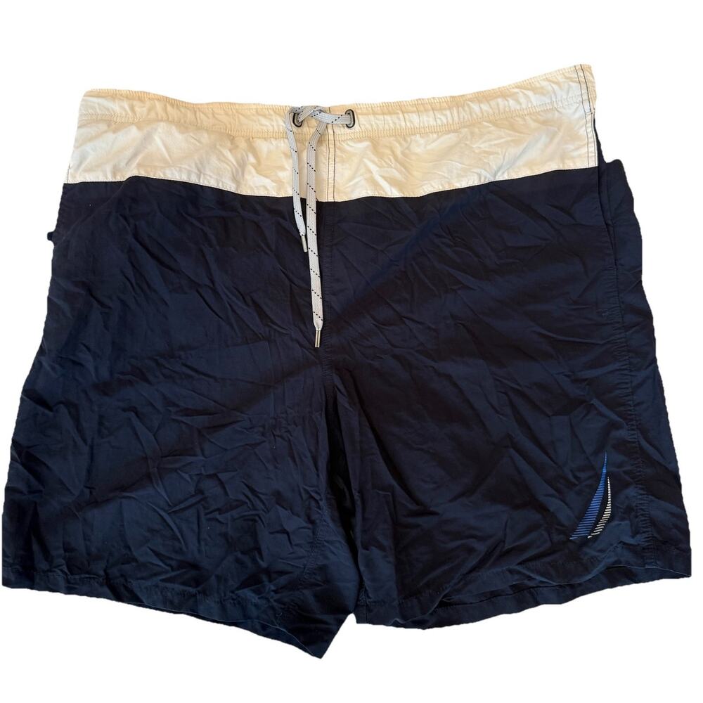 Nautica Men’s Swim Trunks Size Large Navy Blue White Waistband Mesh Lining
